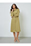 Khaki Solid Puff Sleeves Relaxed Fit Shirt Midi Dress