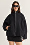 Women's Black Oversize High Collar Zippered Raglan Sleeve A-Line Short Trench Coat 2100 60286511 - 2