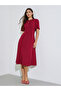 Red Solid Short Sleeves A-Line Midi Dress