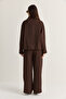 Women's Coffee Color Accessory Detailed Zippered High Collar Lined Jacket Palazzo Trousers Set 2826 60286501 - 8