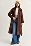 Women's Bitter Coffee Epaulette Detailed Double Breasted Collar Belted Lined Long Trench Coat 1630 60286508 - 5