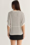 Women's Cream-Black Crew Neck Batwing Sleeve Striped Oversize Mercerized Knitwear Blouse Tk261118 60286517 - 8