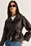 Women's Bitter Brown Stand Collar Epaulettes Belted Regular Fit Faux Leather Jacket 3178 60286513
