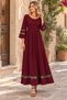Women's Three Quarter Sleeves Wide U-Neck Tulle Stripe Detailed Long Janjan Crepe Dress