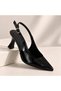 Women's Black Pointed Patent Leather Slingback Ankle Strap Heeled Stylish Shoes 7 cm - 3