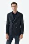 Navy Blue Slim Fit High Collar Double Breasted Jacket - 3