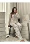 Ecru Ribbon Patterned 4-Piece Bra and Long Sleeve Imported Premium French Velvet Pajama Set - 5