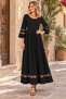 Women's Three Quarter Sleeves Wide U-Neck Tulle Stripe Detailed Long Janjan Crepe Dress - 3