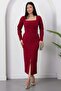 Square Neckline Front Slit Stoned Dress 2026-5004