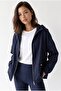 2237 Stoned Adjustable Drawstring Hooded Zippered Jacket Navy Blue
