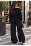 Black 07 Printed Asymmetrical Collar Detailed Sweatshirt Wide Leg Pants Top and Bottom Set - 3