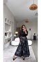 Anthracite Black Floral Long Elastic Skirt with Gold Buckle
