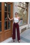 Cuffed Belted Palazzo Fabric Trousers - Plum Plum - 2