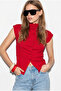 Women's Red Soft Textured Pat Detailed Stand Collar Buttoned Blouse Th261018 60286490 - 2