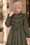 Kap Ferace Front Ruffled Sleeves with Rubberized Hem, Ruched Skirt, Khaki Green Crepe Fabric - 3