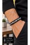 Tarnessa Stripecore Black Leather Men's Bracelet - Black and White Beaded Wrap with Rings