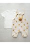 Gzd 0022 Baby Boy Beige Patterned Linen T-Shirt Overalls Set - 2