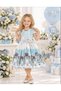 Jacquard Girl's Patterned Dress with Stone Collar and Detachable Flower Brooch, Moon Sleeves, Ages 4-8, Birthday, Wedding, Special Occasion - 3