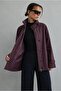 Women's Burgundy Stand Collar Zipper and Button Lined Oversized Trench Coat - 4