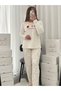 Ecru New Year's Patterned 4-Piece Bra and Long Sleeve Imported Premium French Velvet Pajama Set - 5
