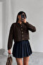 Gold Button Openwork Pattern Cardigan Bitter Brown - 2