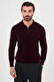 Plain Slim Fit Polo Collar Zippered Chenille Men's Knitwear Sweater Claret Red - 11603.26K - 2