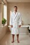 Marin Series Men's Velvet Bathrobe 100% Cotton Shawl Collar Anchor Embroidery Navy Blue with White Trim - 2