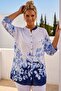 Italian White Judge Collar 3/4 Sleeve Buttoned Floral Printed Casual Linen Look Woven Blouse 80 66 - 3