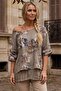 Italian Mink Pool Collar Short Sleeve Double Layer Floral Printed Casual Linen Look Woven Blouse 77 68
