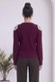 Women's Shoulder Cut Out Detailed Beaded Embroidered Crew Neck Knitwear Sweater Black, Burgundy - 7