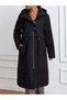 Women's Black Hooded Long Trench Coat with Drawstring Waist - 6