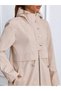 Women's Beige Hooded Long Trench Coat with Drawstring Waist - 3