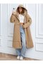 Women's Tan Hooded Long Trench Coat with Drawstring Waist - 3