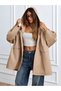 Women's Beige Hooded Oversized Trench Coat with Zipper Detail