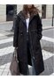 Women's Black Hooded Long Trench Coat with Drawstring Waist - 2