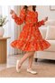 Girl's Floral Patterned Long-Sleeved Belted Flared Skirt Lined Dress - 4