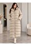 Women's Hooded Long Puffy Coat - Beige Winter Coat with Hood