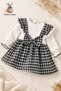 Baby Girl Dress Set Houndstooth Patterned Dress with Bow and Lace Detail - 3