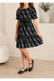 Girl's Cheek-Patterned Short-Sleeved Belted Flared Skirt Lined Dress - 3