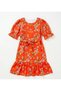 Girl's Floral Patterned Short-Sleeved Belted Flared Skirt Lined Dress - 5