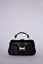 Black monogram patterned wide strap leather hand and shoulder bag