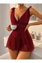 Lily Bianca Burgundy Women's Lace Detailed Transparent Satin Nightgown with Thong