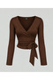 Brown Double-Breasted V-Neck Belted Long Sleeve Blouse, Bitter Brown Double-Breasted Cropped Blouse - 3