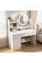 White Dressing Table with LED Light Mirror, Multi Drawers & Open Storage Shelves, Makeup Vanity Desk for Bedroom