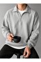 3 Thread Gray Basic Plain Half-Zip Sweatshirt - Oversized Stand-Up Collar