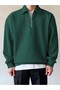 3 İplik Nefti Green Basic Plain Half-Zip Sweatshirt - Oversize Stand-Up Collar - 2