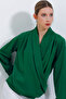 Women's Emerald Green Double-Breasted Collared Drapey Satin Blouse 0492 - 3