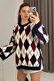 Women's Diamond Pattern Oversized Sweater with Mini Slits on the Sides, Navy Blue - 2