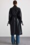 Leather Look Trench Coat with Stand Collar and Metal Accessories Black 6911 - 8