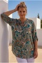 Italian Green Judge Collar 3/4 Sleeve Shawl Patterned Casual Linen Look Woven Blouse 75 64 - 3